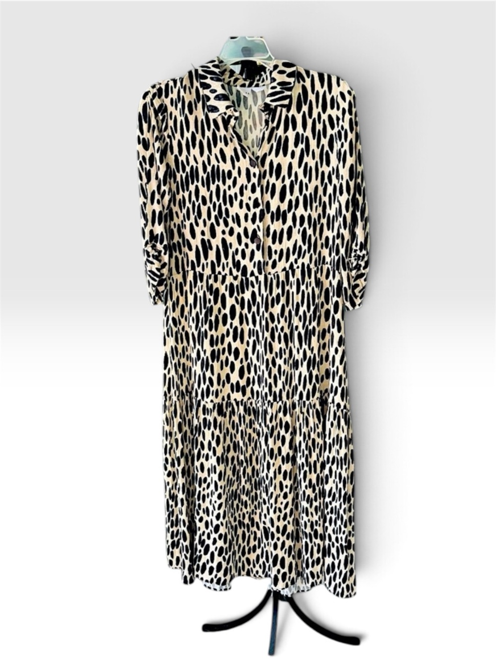Fresha London Melanie Midi dress black leopard spots w blue trim, & cream